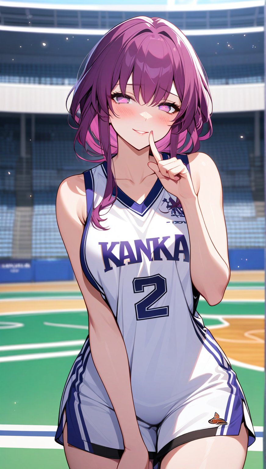 1 girl, basketball player, basketball uniforms, basketball court, perfect anatomy, perfect body, perfect finger,smile,blush,shy, purple hairs, purple eyes,Kafka (honkai), looking at viewer, stadium,