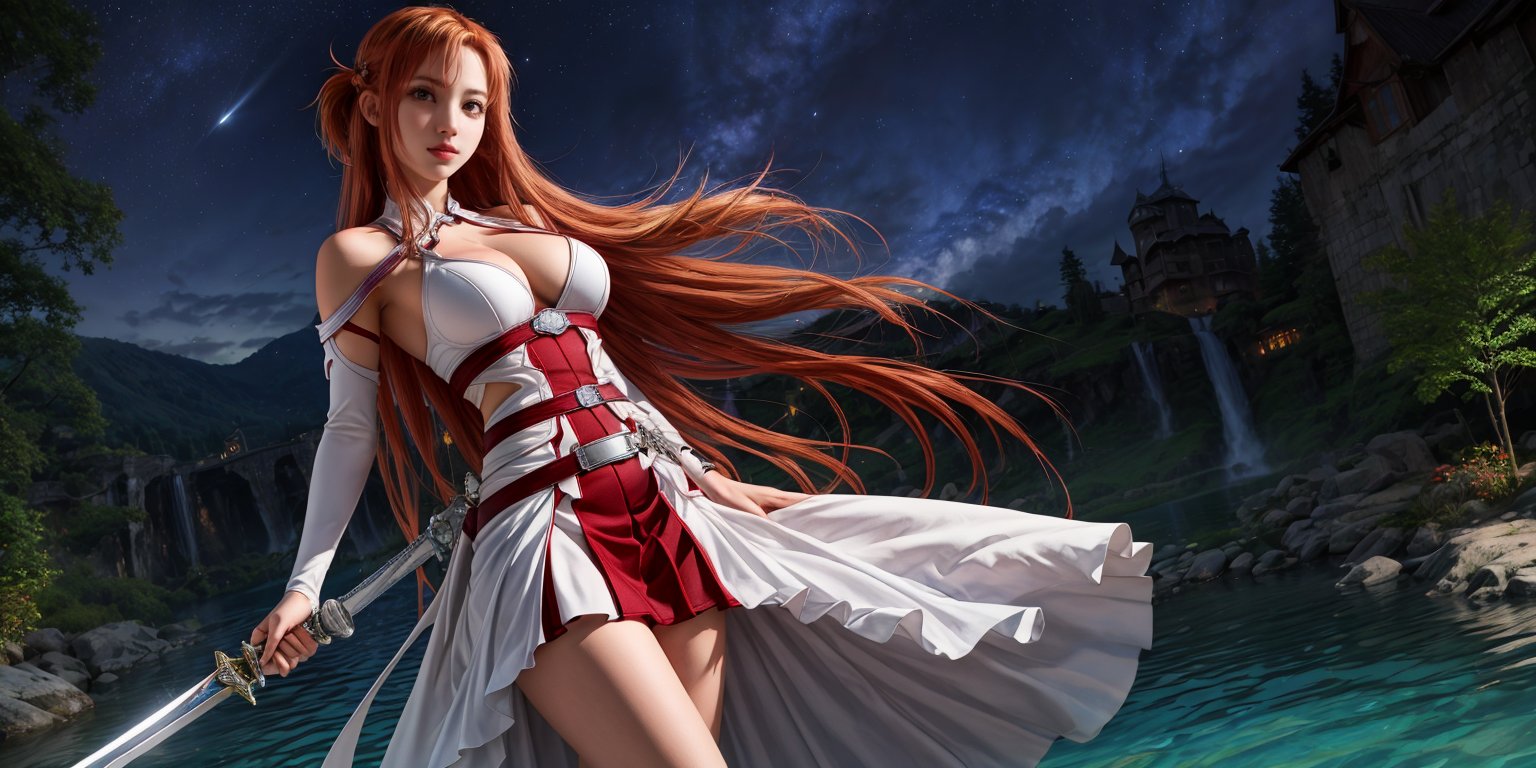 Alone girl standing on waterfall and lake at night, ((looking at viewer)), and clear night sky, Breasts, Big Breasts ,revealing dress, long hair, huge breasts, seductive smile, Asuna Sword art online