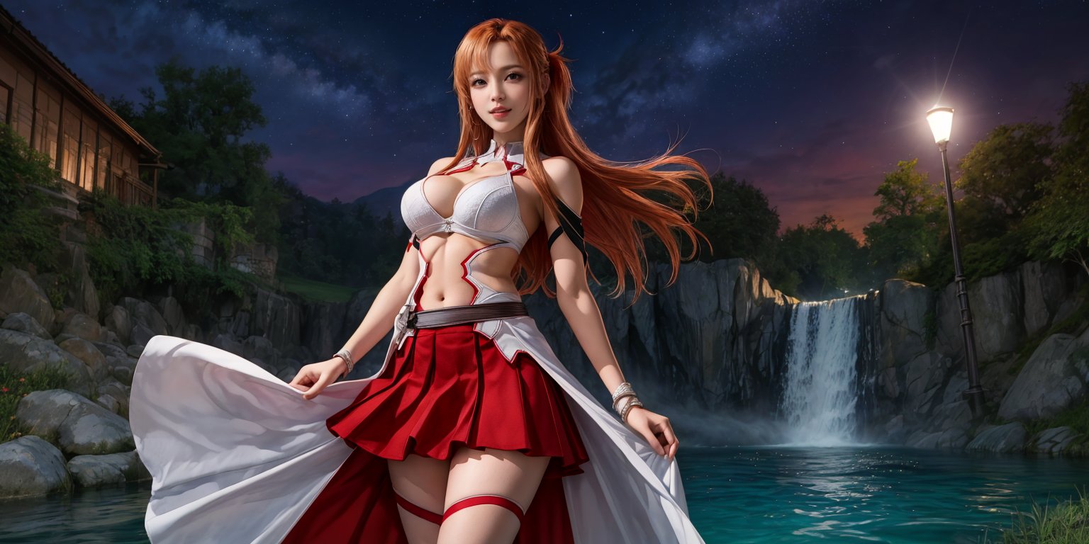 Alone girl standing on waterfall and lake at night, ((looking at viewer)), and clear night sky, Breasts, Big Breasts,revealing dress,((underboob)), long hair, huge nig breasts, seductive smile, Asuna Sword art online,aaasuna, brown eyes, red skirt, arms behind