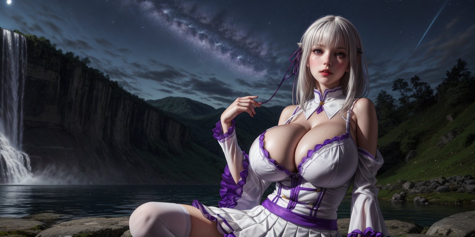 One girl alone with a waterfall in the background behind a lake and clear night sky, camp of flowers, ((looking at viewer)),((Perfect face)), ((Best face)), ((half body)), eye contact,  cleavage, center opening, (((looking at viewer))), eye contact, big breasts, (huge breasts:1.6), shiny, purple hairclip, bare shoulders, detached collar, detached sleeves, frilled sleeves, frills, long sleeves, miniskirt, pleated skirt, purple ribbon, skirt, thighhighs, white skirt, white sleeves, white thighhighs, wide sleeves, zettai ryouiki,eft_rezero_emilia