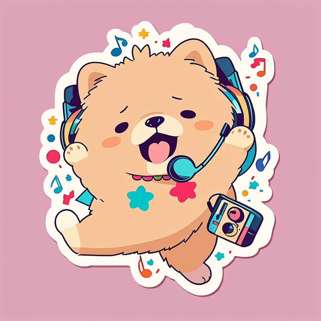 flat design, retro colors, sticker, a cute chow chow dancing to music