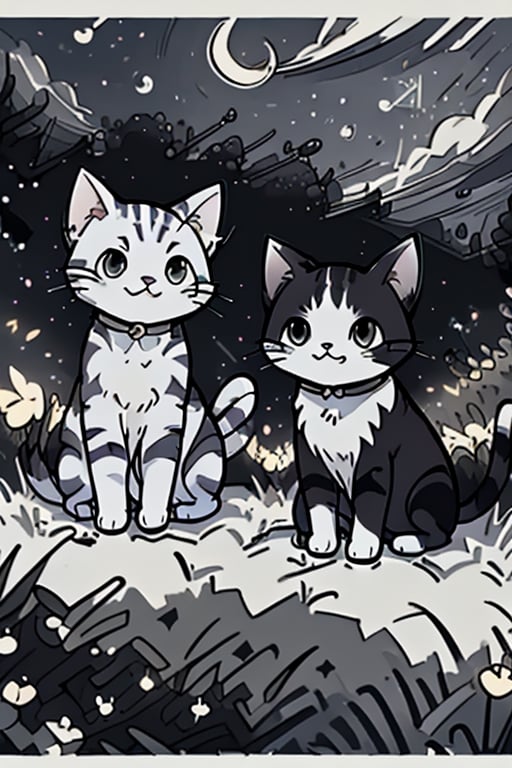 two cats stargazing on a hill, starry_night, masterpiece, best quality, ANIME, CARTOON, CHARACTER,BlackworkStyleManityro, monochrome, greyscale,cat,firefliesfireflies, night sky