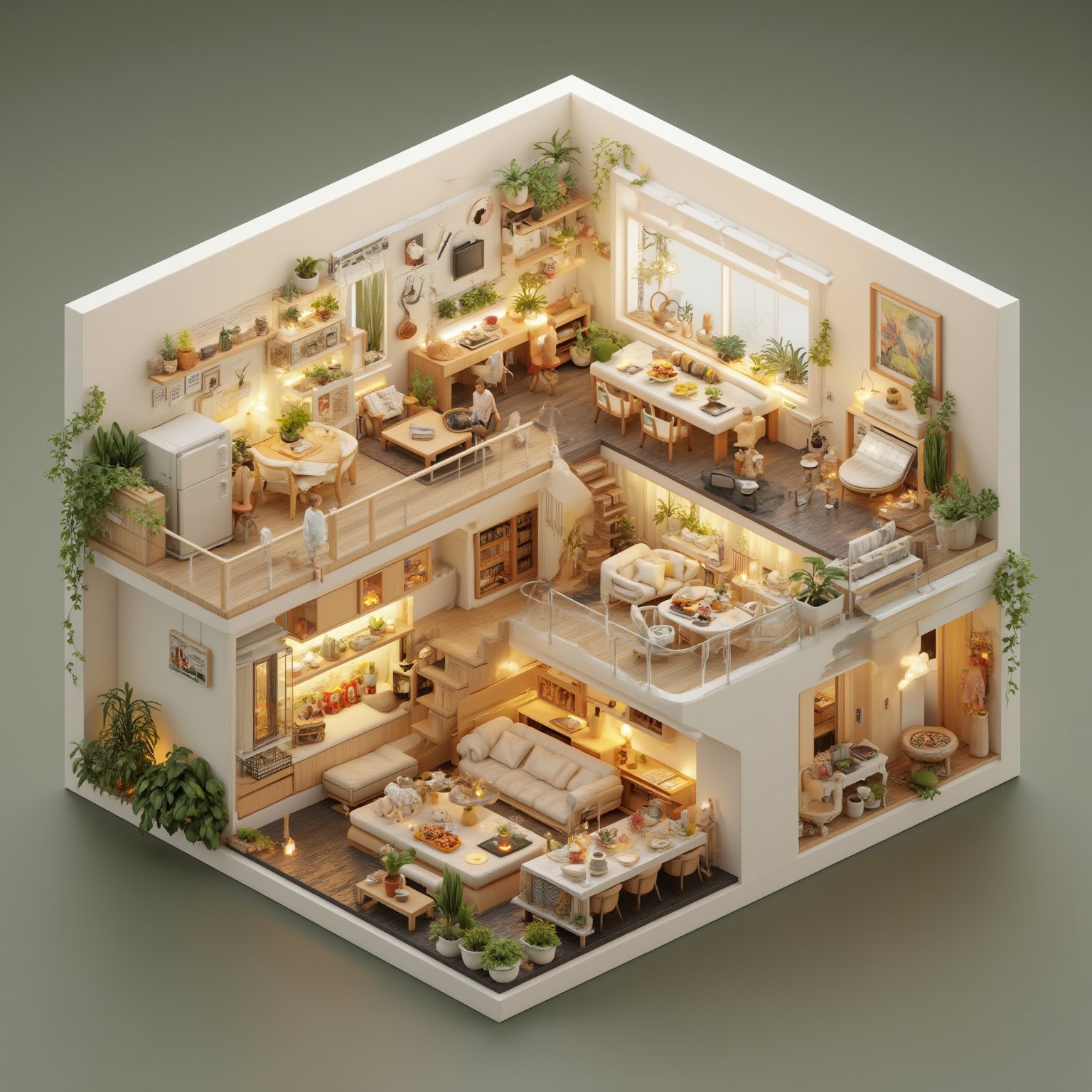 Miniature isometric diorama, a beautifully inhabited modern house, a cozy multi-story house. Exquisite details of living room, kitchen and outdoor terrace with open concept. Tiny furniture, shelves, potted plants and decorative items. Dark floor and spiral staircase connecting the levels. White lighting and miniature food on the table. Balcony with glass railing and hanging plants. Microscale architecture with dollhouse aesthetics. Rich textures, wide grain details. Photorealistic representation, soft and warm colors. Thumbnail-inspired tilt shift effect. 8K high definition resolution. ,noc-isometric,resin,OBdengzhou