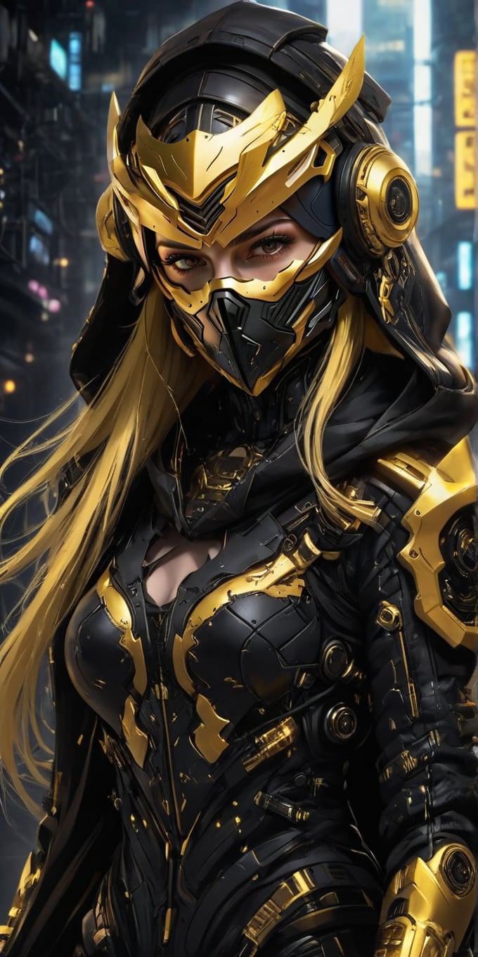 1 girl, alone, looking at viewer, long hair, light hair, yellow hair, hat, jacket, upper body, hood, golden eyes, mask, helmet, mouth mask, golden hat, black and gold theme, cyberpunk, LegendDarkFantasy