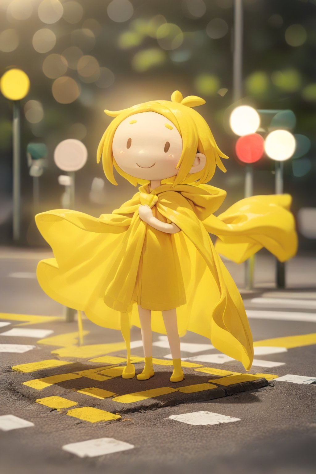 1 girl, cute, cape, transparent, crossroads, traffic lights, masterpiece, best quality, very aesthetic, extremely detailed, plasticine