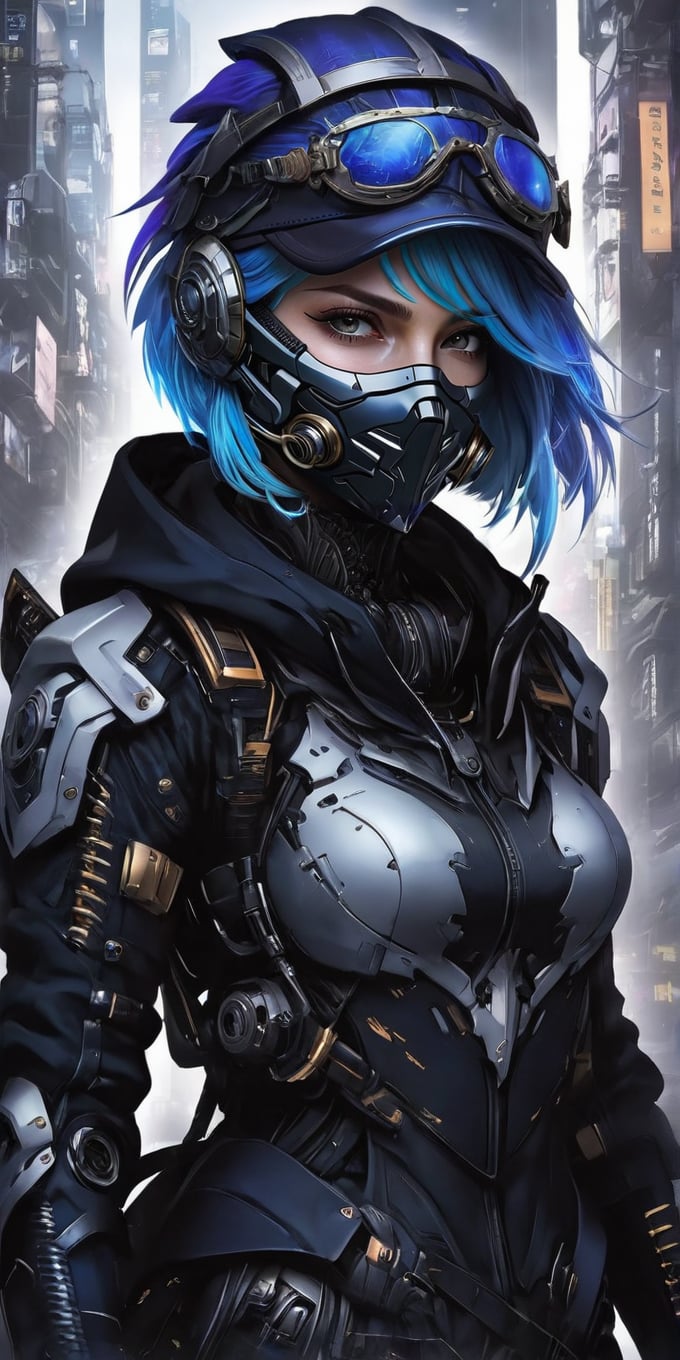 1 girl, alone, looking at viewer, short hair, light hair, blue hair, hat, jacket, upper body, hoodie, light blue eyes, mask, helmet, mouth mask, blue hat, dark purple and blue theme, cyberpunk, LegendDarkFantasy