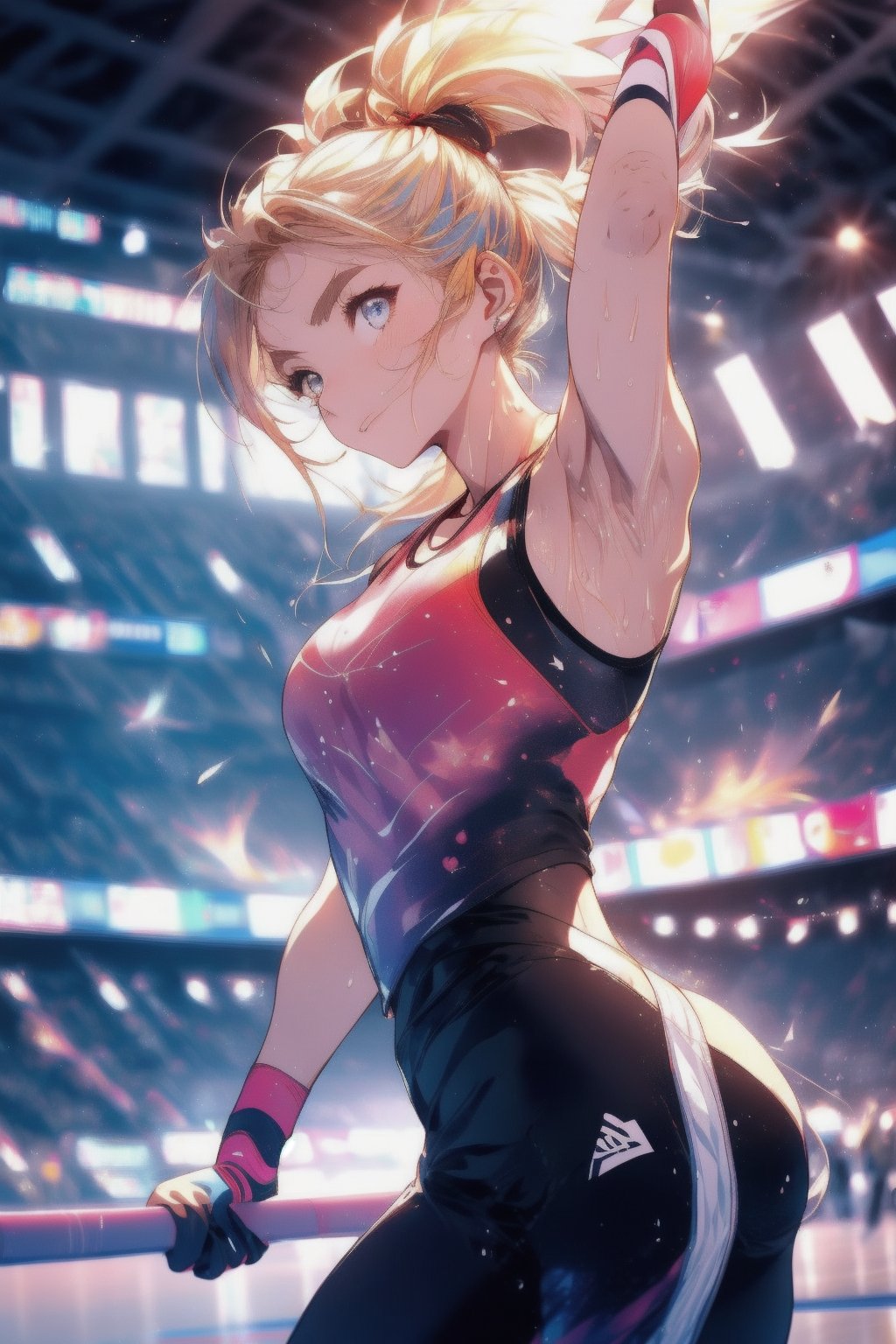 Paris Olympics, (((artistic gymnastics))), beautiful anime-style woman, (single), 1 girl, (ponytail), blonde hair, (long hair), thin, skinny, (turime), with eyebrows outlined, wearing tight gym sportswear, tight gym uniform, dynamic pose, motion blur, sweat, emphasis line, sparks, plasma, aura, Olympic Stadium, outdoor tennis court,