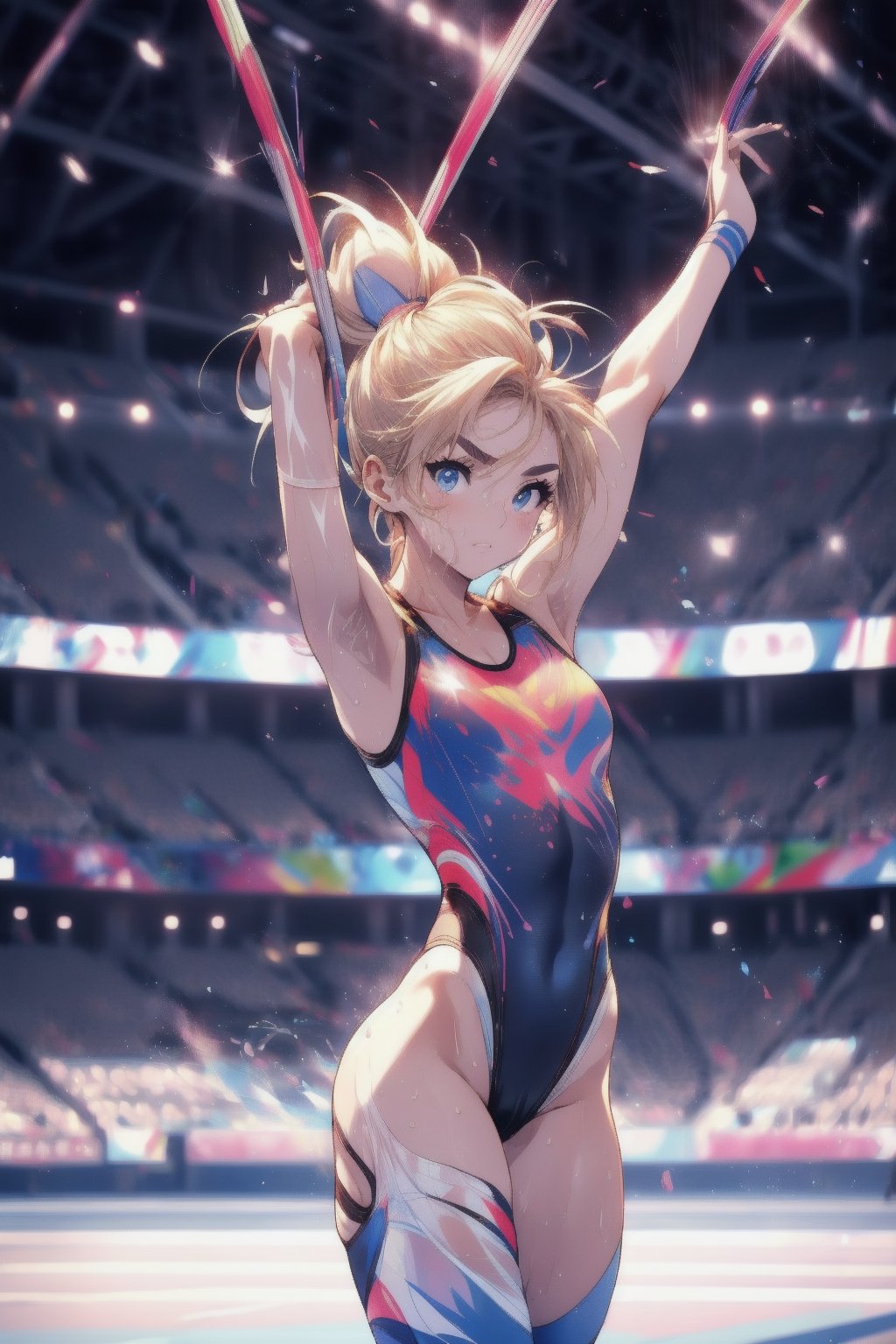 Paris Olympics, (((artistic gymnastics))), beautiful anime-style woman, (single), 1 girl, (ponytail), blonde hair, (long hair), thin, skinny, (turime), with eyebrows outlined, wearing tight gymnastics sportswear, tight gymnastics uniform, tight leotard, dynamic pose, motion blur, sweat, emphasis line, sparks, plasma, aura, Olympic stadium, outdoor tennis court,