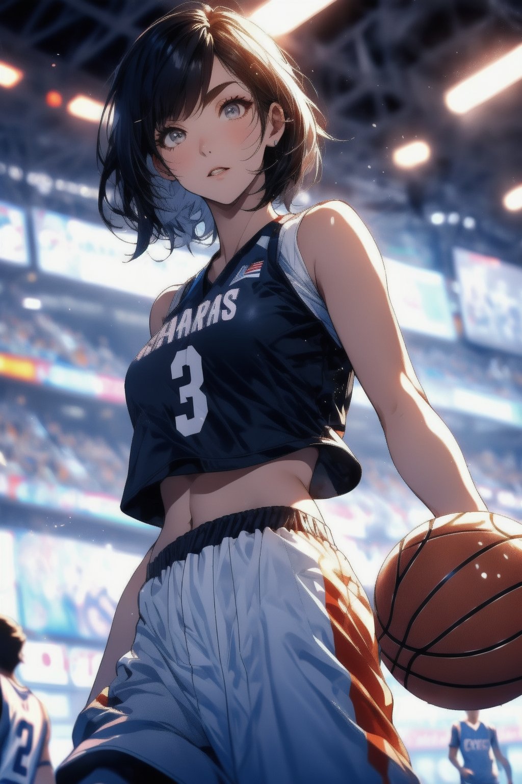 Paris Olympic Games, (((basketball))), anime style beautiful woman, (single), 1 girl, (short hair), black hair, (short hair), Slender, skinny, (turime), with outlined eyebrows, wearing white basketball tight sportswear, basketball uniform, low-waisted pants, small lace tube top, Dynamic pose, motion blur, emphasis line, sparks, plasma, aura, Olympic Stadium, outdoor basketball court,