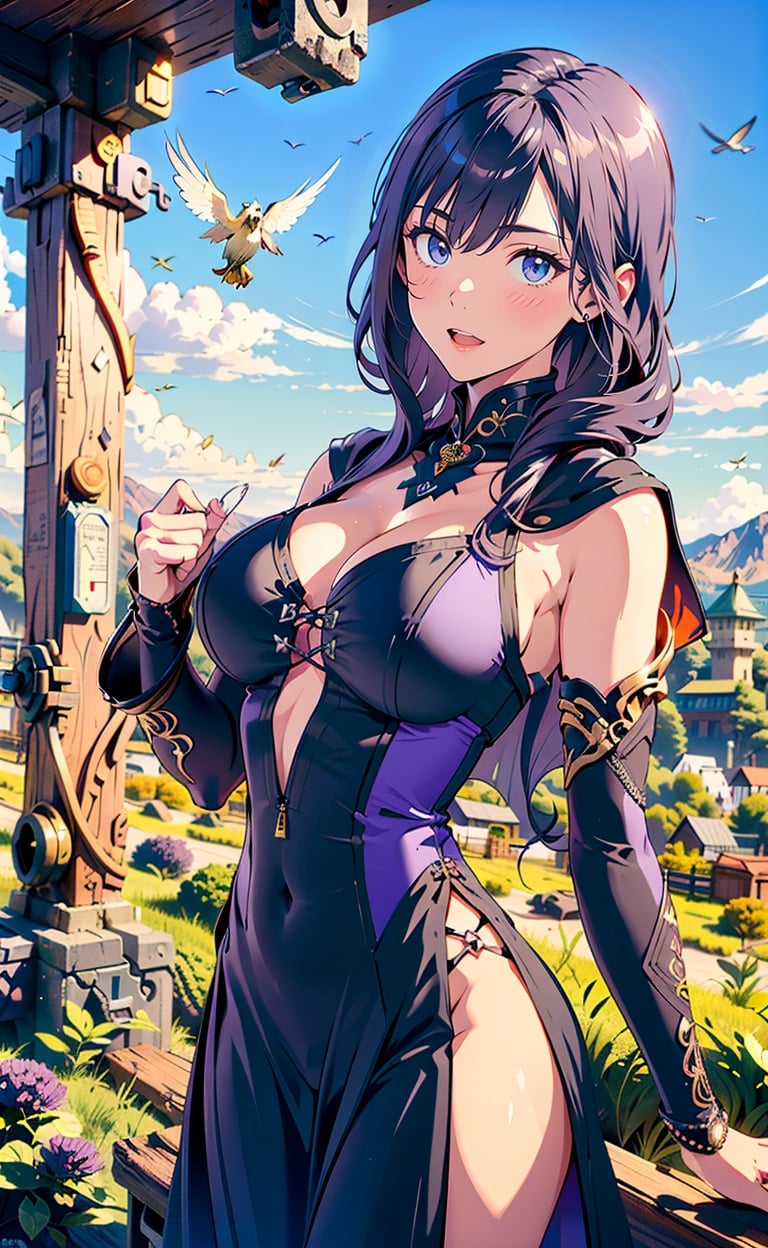 A witch with long dark hair, dressed in an elegant (((purple and black dress))) ornate dress. fantastic and ethereal landscapes, during the day, grass, flowers. Intricate details, extremely detailed, incredible details, full color, complex details, hypermaxalistic, detailed decoration, detailed lines. masterpiece, best quality, HDR, girl