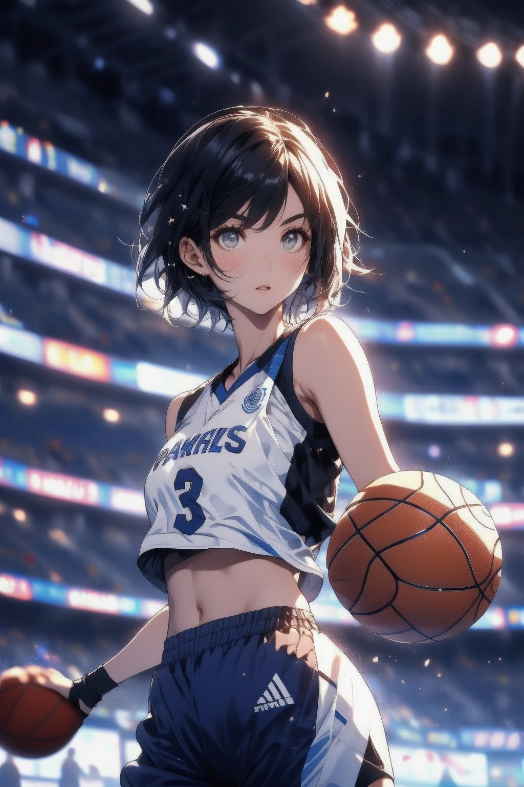 Paris Olympic Games, (((basketball))), anime style beautiful woman, (single), 1 girl, (short hair), black hair, (short hair), Slender, skinny, (turime), with outlined eyebrows, wearing white basketball tight sportswear, basketball uniform, low-waisted pants, small lace tube top, Dynamic pose, motion blur, emphasis line, sparks, plasma, aura, Olympic Stadium, outdoor basketball court,