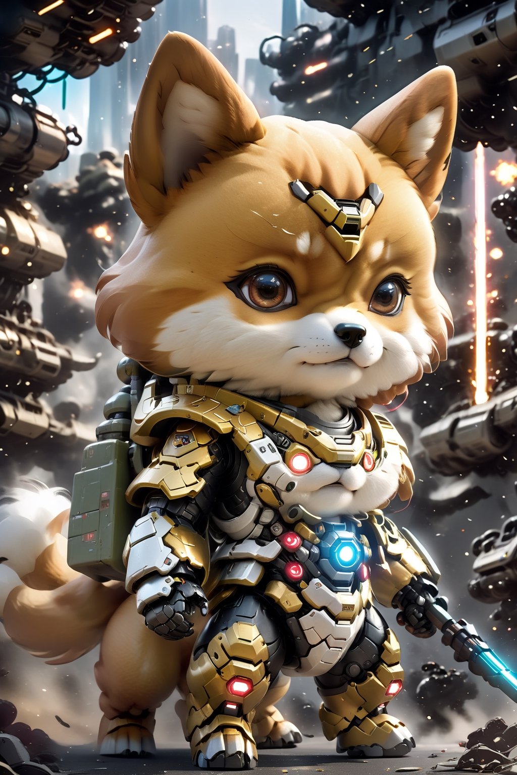 Angry Shiba Inu Dog mecha robo soldier character, anthropomorphic figure, wearing futuristic slive soldier armor and weapons, reflection mapping, realistic figure, hyperdetailed, cinematic lighting photography, 32k uhd with a golden staff, rgb lighting on suit, colorful,

By: panchovilla,mecha, 1 cute little girl