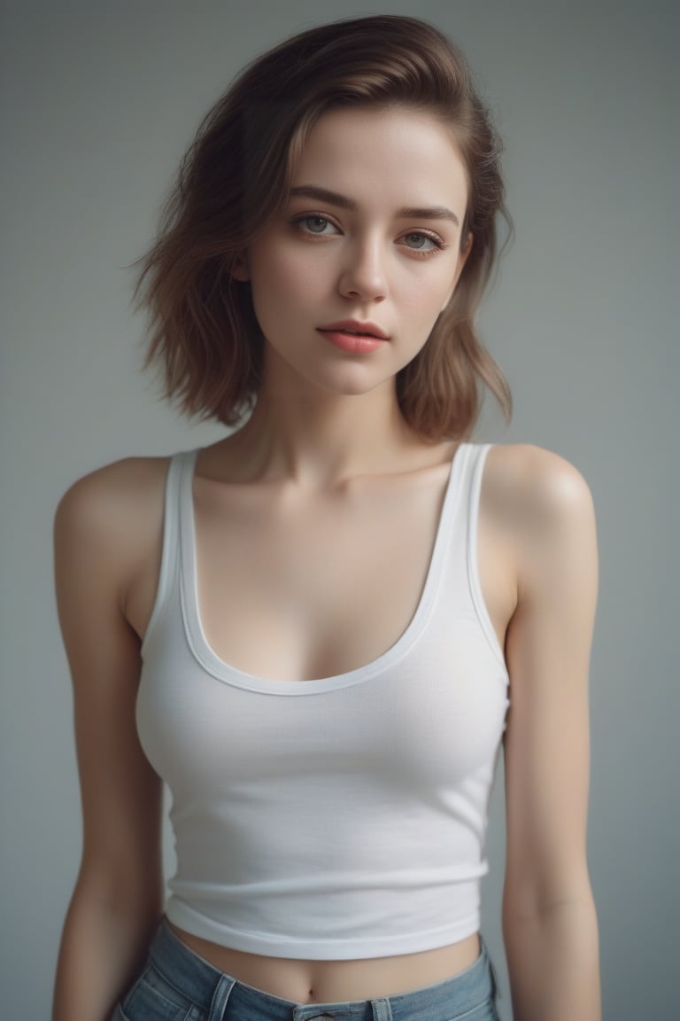 Beautiful woman wearing a tanktop no bra, analog photograph, professional fashion photoshoot, hyperrealistic, masterpiece, trending on artstation,krrrsty