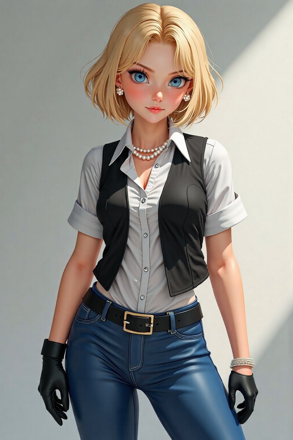 (RAW photo, best quality), (realistic, photo-Realistic:1.3), high resolution, and18, 1 girl, android 18, solo, blonde hair, short_hair, blue eyes, pretty eyes, belt, tight jeans, pearl necklace, bracelet,((black gloves)), (white shirt), short sleeves, earrings, pants blue, open vest, (black vest), (medium breasts),thin_waist,(wide hips), Android_18,1 girl,realhands,midjourney.,Nice legs and hot body