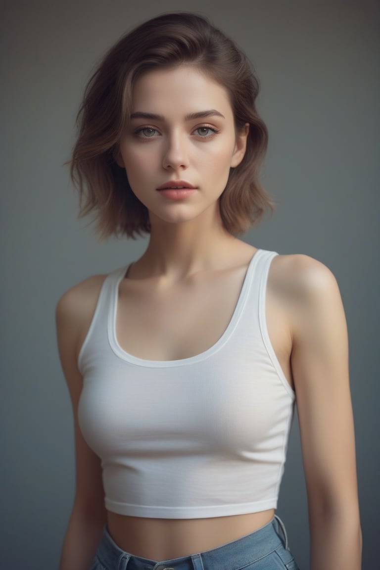 Beautiful woman wearing a tanktop no bra, analog photograph, professional fashion photoshoot, hyperrealistic, masterpiece, trending on artstation,krrrsty