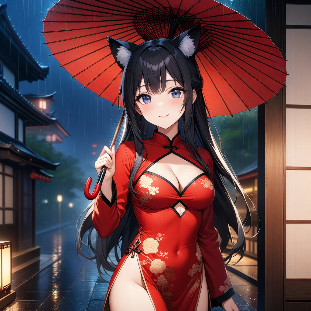 master piece, best quality, highly detailed, ultra detailed, extremely CG unity 8k wallpaper,1 woman, 22 years old, smile, cat ears, red Chinese dresses, pelvic curtain, long sleeves,black hair, long hair, cleavage cutout, rainy night,oriental_umbrella, ((hold an umbrella)),umbrella