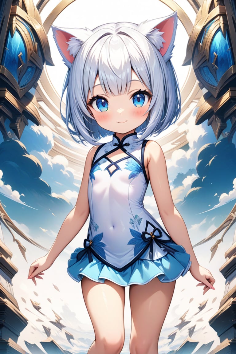 master piece, best quality, highly detailed, ultra detailed, more detail XL, extremely detailed CG unity 8k wallpaper, 
1 girl, cute, kawaii, 9 years old, cat ears, white hair, bob cut, blue eyes, smile, 
white Chinese dresses, micro skirt, looking at viewer ,