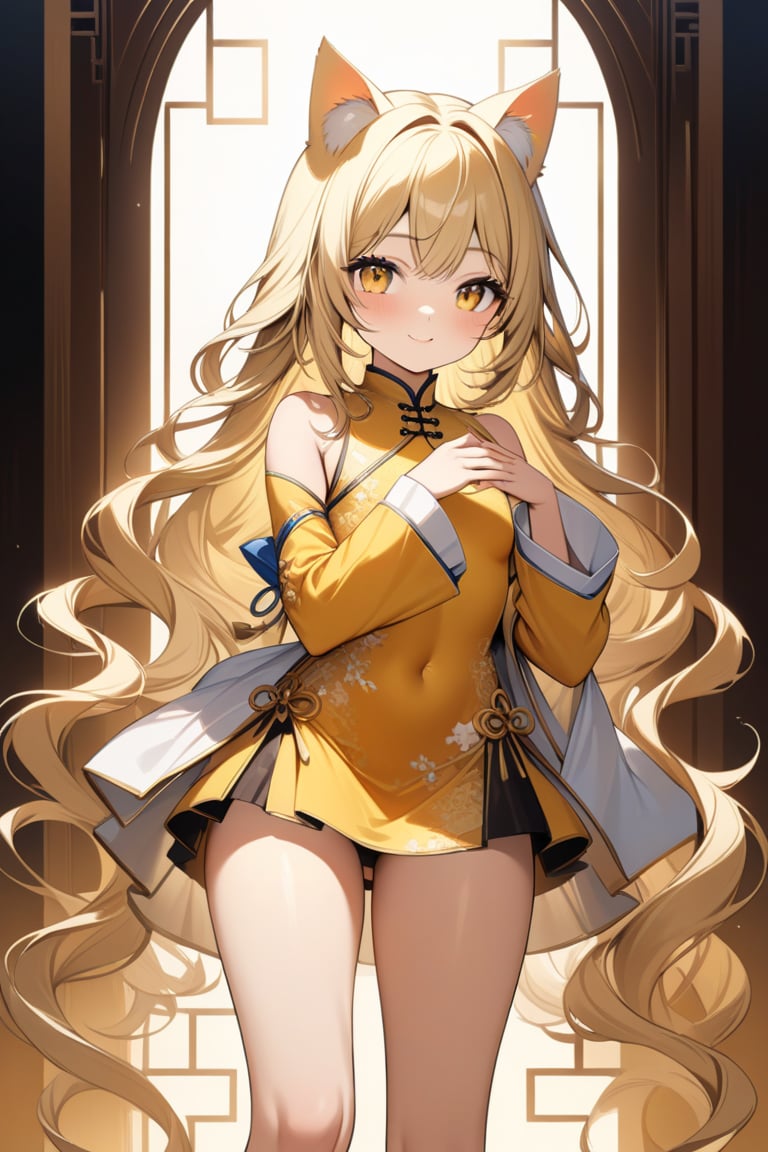 A masterpiece of ultra-detailed digital art! Here's a vivid description of the scene:

Against a warm, golden background, a captivating 15-year-old loli stands out in an exquisite yellow Chinese dress with flowing sleeves that cascade past her wrists. Her blonde wavy hair is styled in a short, effortless bob, framing her heart-shaped face and striking big eyes with a bright, sunny hue. The cat ears on her head add a touch of whimsy to this stunning young girl's features. A microskirt accentuates her toned legs, while a radiant smile lights up her entire being. The image is presented in breathtaking 8K resolution, showcasing every detail with precision and clarity.