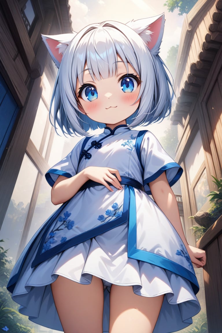 master piece, best quality, highly detailed, ultra detailed, more detail XL, extremely detailed CG unity 8k wallpaper, 
1 girl, cute, kawaii, 9 years old, cat ears, white hair, bob cut, blue eyes, 
white Chinese dresses, micro skirt, looking at viewer ,from below,