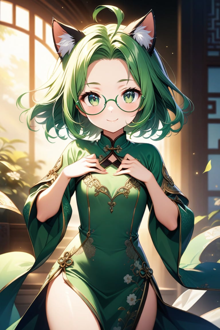 Ultra-detailed 8K CG artwork of a captivating 15-year-old girl posing with confidence. She wears a stunning green Chinese dress with a side slit, accentuating her youthful charm. Her striking features include a petite forehead, ahoge bangs framing her heart-shaped face, and mesmerizing green eyes sparkling behind round glasses. The subtle curves of her bob-cut hair complement her bright smile, while her cat ears add a whimsical touch. Focus on the exquisite detailing of her green locks, which cascade down her back in loose waves. Capture this masterpiece in a warm, golden lighting, with a shallow depth of field to emphasize the subject's radiant beauty against a blurred background.