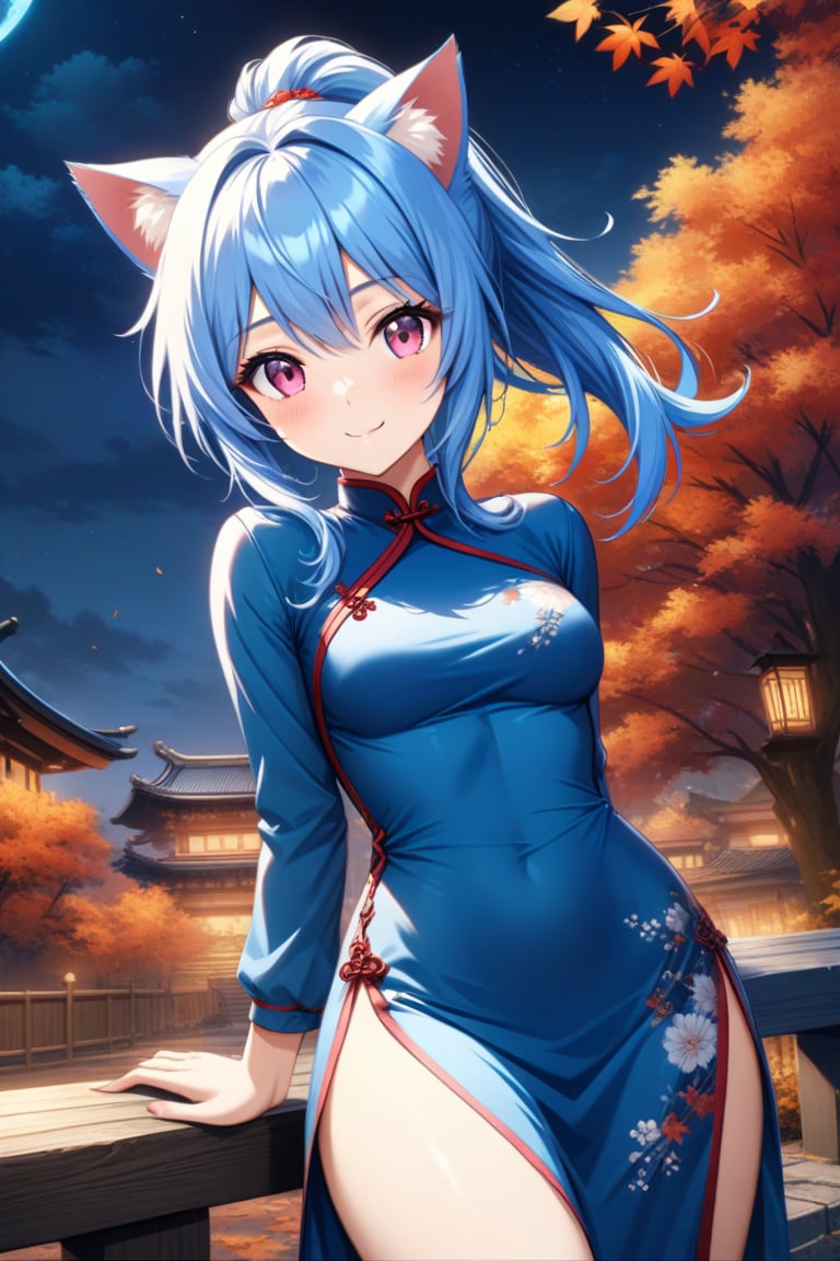 master piece, best quality, highly detailed, ultra detailed, more detail XL, extremely detailed CG unity 8k wallpaper, 
1 woman, 20 years old, cute, cat ears, pink eyes, blue hair, medium hair, ponytail, blue Chinese dresses, side slit dress, smile, night time, outdoor, autumn, 