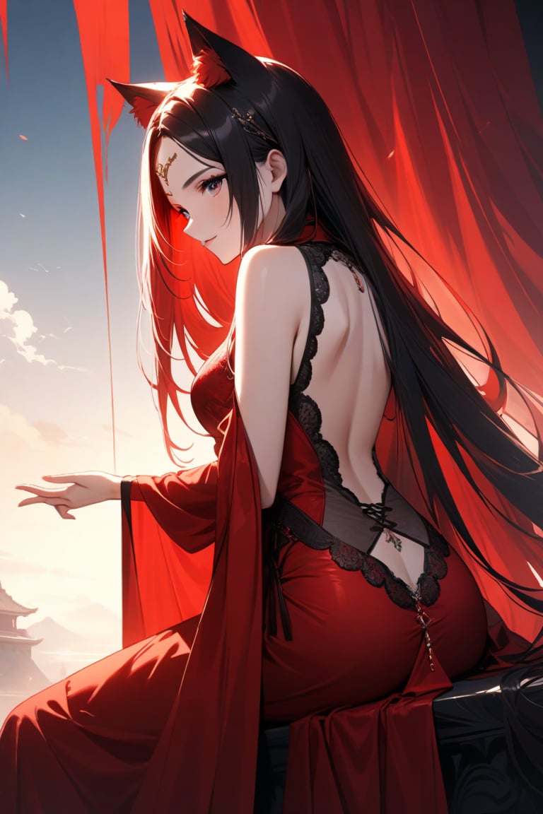 A majestic masterpiece! A stunning 22-year-old woman sits serenely, her bright red Chinese dress flowing like a crimson waterfall around her. Her black, shoulder-grazing locks cascade down her back, with a few loose strands framing her radiant smile. Delicate cat ears adorn her forehead, and a lacy pelvic curtain adds an air of mystique to her enigmatic pose. The 8K wallpaper is a true marvel of detail, with every strand of hair, every fold of fabric, and every nuance of light meticulously crafted in ultra-high definition.