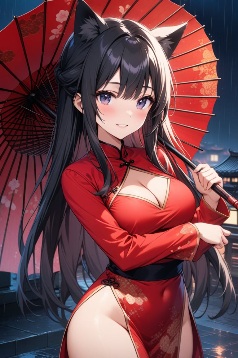 master piece, best quality, highly detailed, ultra detailed, extremely CG unity 8k wallpaper,1 woman, 22 years old, smile, cat ears, red Chinese dresses, pelvic curtain, long sleeves,black hair, long hair, cleavage cutout, rainy night,oriental_umbrella, holding umbrella,