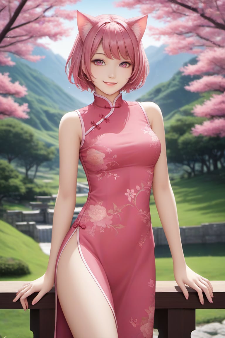 master piece, best quality, highly detailed, ultra detailed, more detail XL, extremely detailed CG unity 8k wallpaper, 
1 girl,14 years old, jewelry pink, cat ears, pink eyes, pink hair, short hair, smile,
pink Chinese dresses, side slit dress, ,(masterpiece),scenery