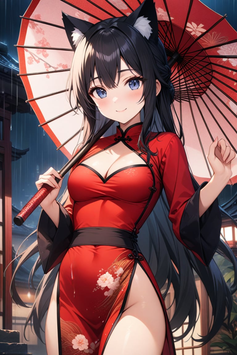 master piece, best quality, highly detailed, ultra detailed, extremely CG unity 8k wallpaper,1 woman, 22 years old, smile, cat ears, red Chinese dresses, pelvic curtain, long sleeves,black hair, long hair, cleavage cutout, rainy night,oriental_umbrella, ((hold an umbrella)),