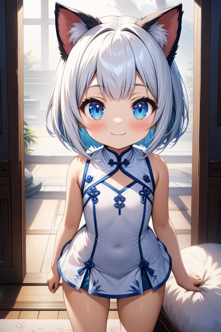 master piece, best quality, highly detailed, ultra detailed, more detail XL, extremely detailed CG unity 8k wallpaper, 
1 girl, 9 years old, cat ears, white hair, bob cut, blue eyes, smile, 
white Chinese dresses, micro skirt, looking at viewer ,