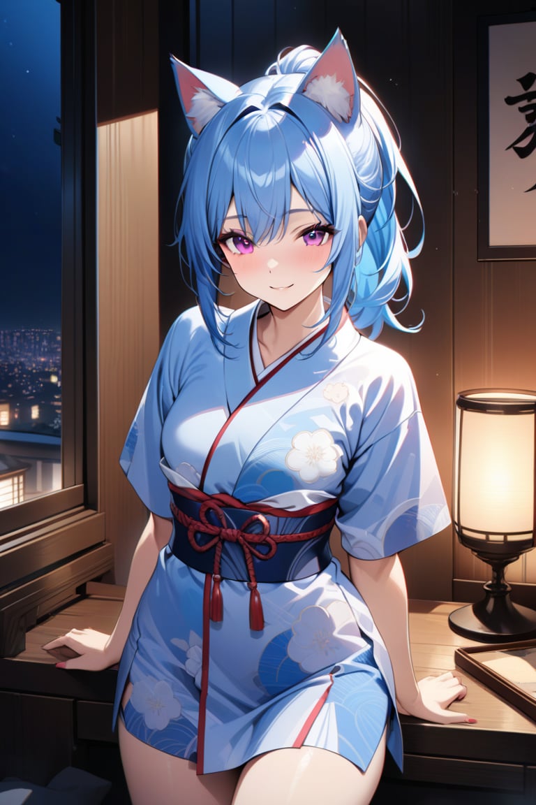 master piece, best quality, highly detailed, ultra detailed, extremely CG unity 8k wallpaper,
1 woman, 20 years old, cat ears, pink eyes, blue hair, long hair, ponytail, smile,
light blue japanese kimono, too short kimono, looking at viewer,
night time, indoor,