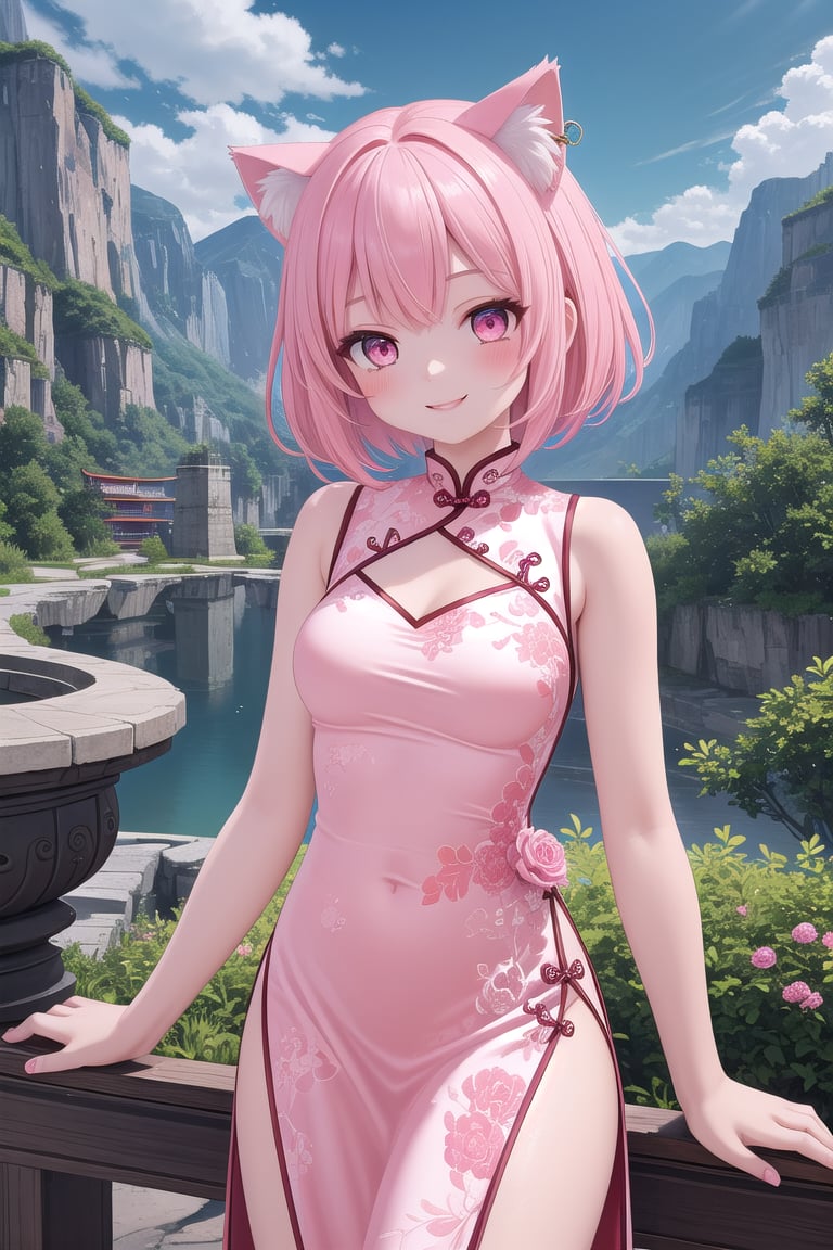 master piece, best quality, highly detailed, ultra detailed, more detail XL, extremely detailed CG unity 8k wallpaper, 
1 girl,14 years old, jewelry pink, cat ears, pink eyes, pink hair, short hair, smile,
pink Chinese dresses, side slit dress, ,(masterpiece),scenery