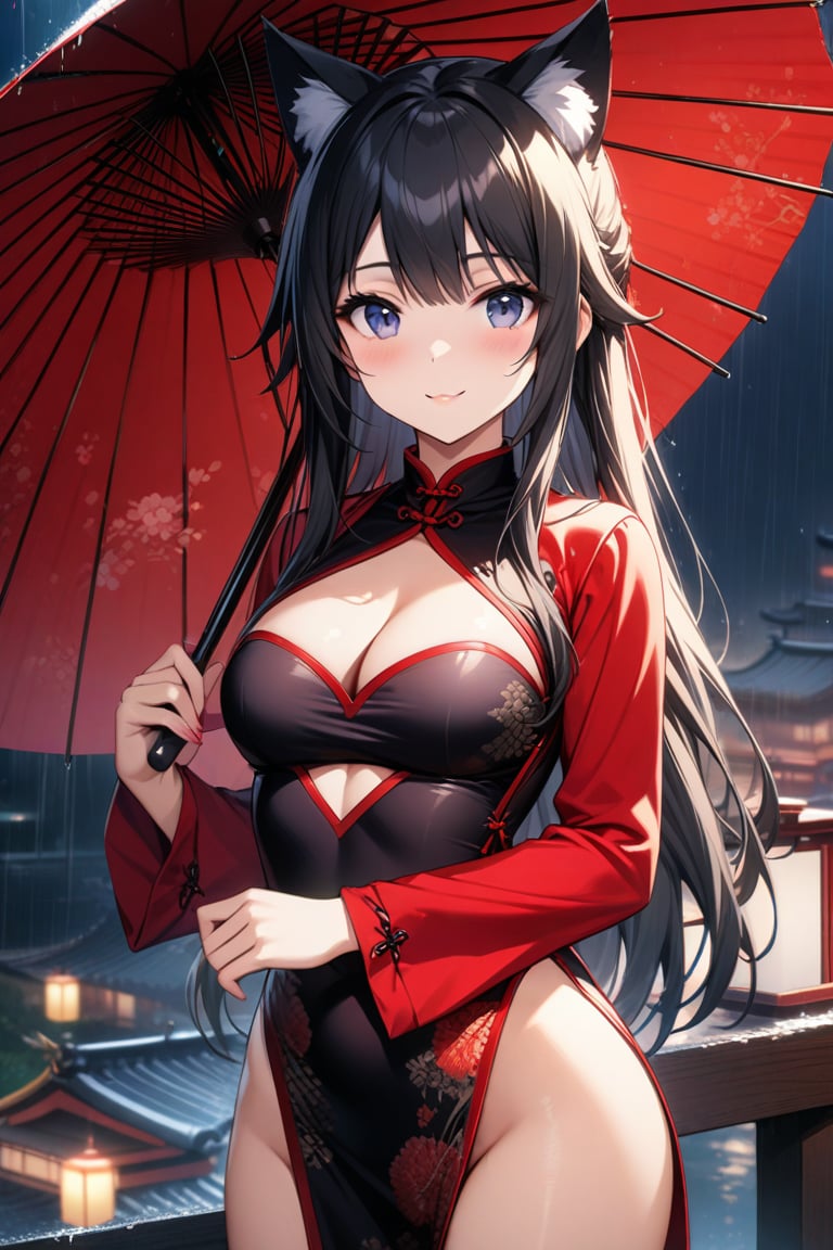 master piece, best quality, highly detailed, ultra detailed, extremely CG unity 8k wallpaper,1 woman, 22 years old, smile, cat ears, red Chinese dresses, pelvic curtain, long sleeves,black hair, long hair, cleavage cutout, rainy night,oriental_umbrella, ((hold an umbrella)),