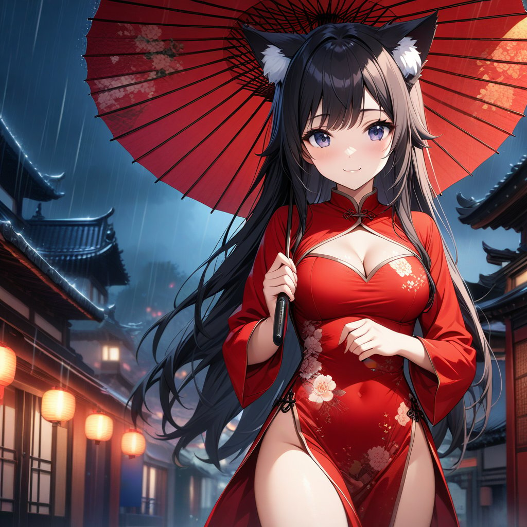 master piece, best quality, highly detailed, ultra detailed, extremely CG unity 8k wallpaper,1 woman, 22 years old, smile, cat ears, red Chinese dresses, pelvic curtain, long sleeves,black hair, long hair, cleavage cutout, rainy night,oriental_umbrella, ((hold an umbrella)),umbrella