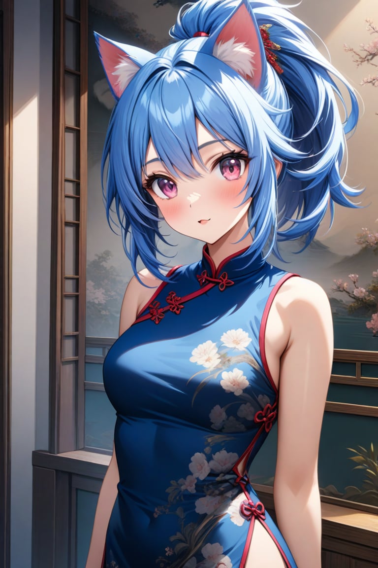 master piece, best quality, highly detailed, ultra detailed, more detail XL, extremely detailed CG unity 8k wallpaper, 
1 woman, 20 years old, cute, cat ears, pink eyes, blue hair, medium hair, ponytail, blue Chinese dresses, side slit dress,