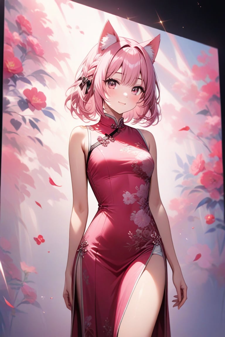 Masterpiece of a 14-year-old girl, beaming with a radiant smile, donning an exquisite pink Chinese dress featuring a side slit design. Her ultra-detailed, highly detailed, and extremely detailed features include pink eyes, pink hair styled in a short, stylish cut, and cat ears adorned with sparkly jewelry. The 8K wallpaper-quality image showcases the subject against a subtle background, allowing her vibrant presence to take center stage. Framed by a shallow depth of field, the girl's delicate features are rendered in breathtaking detail, as if plucked from a real-life masterpiece.