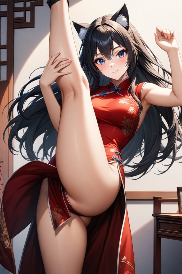 master piece, best quality, highly detailed, ultra detailed, more detail XL, extremely detailed CG unity 8k wallpaper, 
1 woman, 22 years old, smile, cat ears, red Chinese dresses, pelvic curtain,,black hair, long hair, standing on one leg,leg hold,leg lift, standing split,