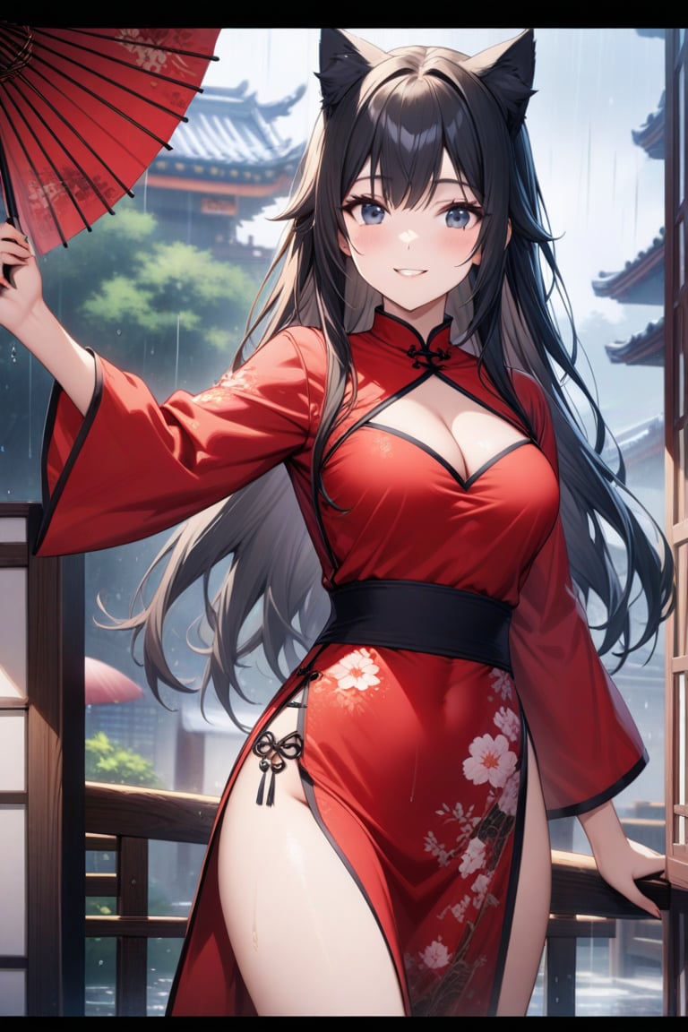 master piece, best quality, highly detailed, ultra detailed, extremely CG unity 8k wallpaper,1 woman, 22 years old, smile, cat ears, red Chinese dresses, pelvic curtain, long sleeves,black hair, long hair, cleavage cutout, rainy day,oriental_umbrella