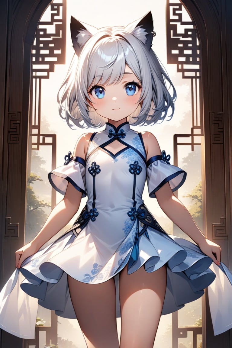 A stunning masterpiece! A highly detailed and ultra-detailed CG artwork of a 9-year-old girl with cat ears, striking white hair styled in a bob cut, piercing blue eyes, and a radiant smile. She's dressed in a dazzling white Chinese dress with a micro skirt, posing confidently as she looks directly at the viewer. The framing is precise, with a slight angle to emphasize her captivating gaze. The lighting is soft and warm, highlighting the texture of her hair and the intricate details on her dress. The composition is well-balanced, with the girl placed centrally to draw attention to her enchanting presence.