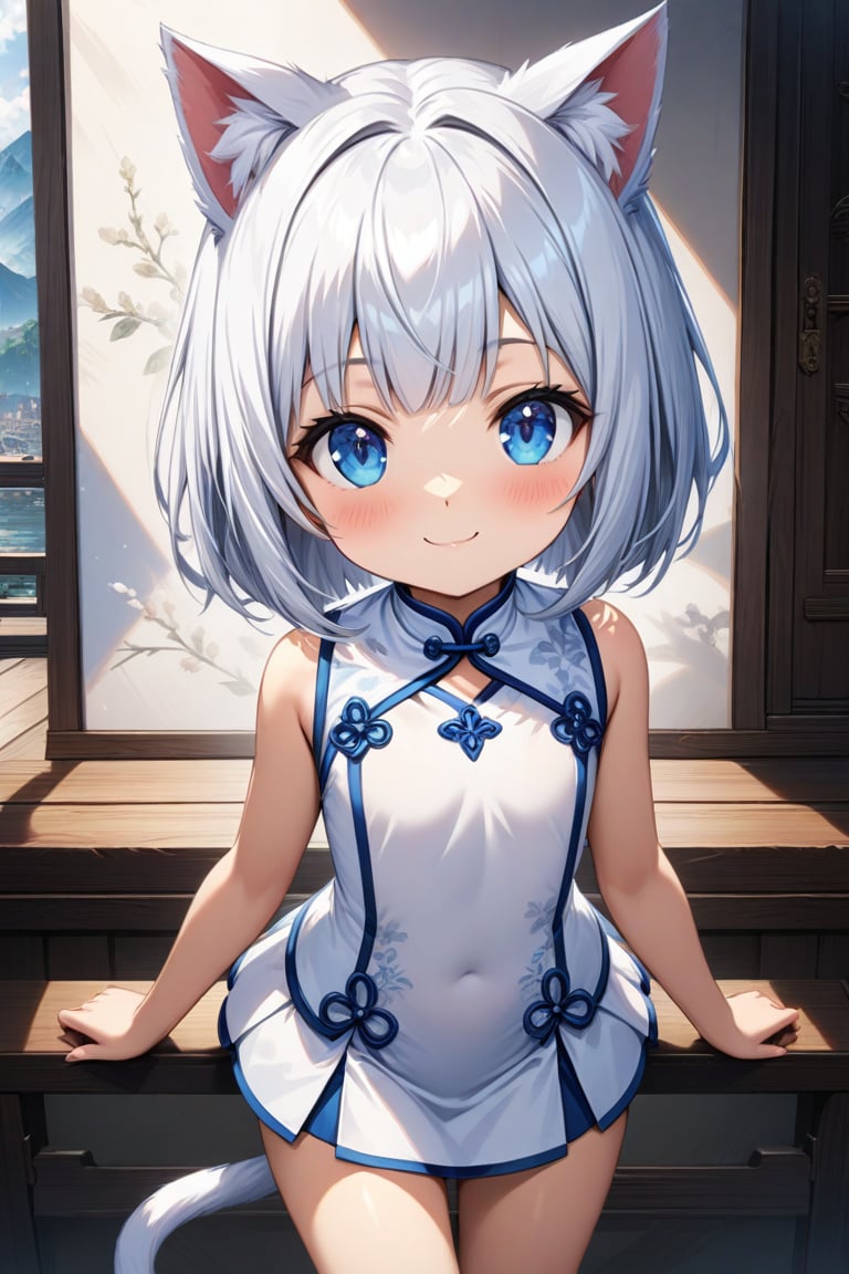 master piece, best quality, highly detailed, ultra detailed, more detail XL, extremely detailed CG unity 8k wallpaper, 
1 girl, 9 years old, cat ears, white hair, bob cut, blue eyes, smile, 
white Chinese dresses, micro skirt, looking at viewer ,