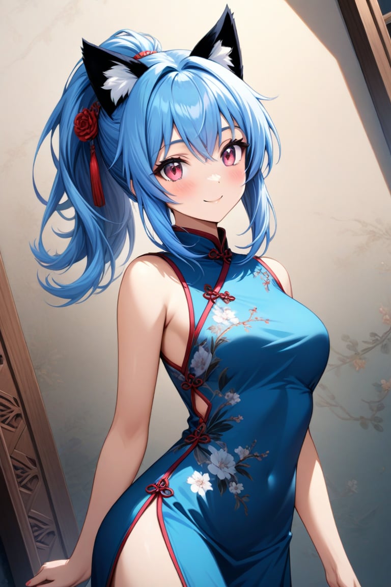 master piece, best quality, highly detailed, ultra detailed, more detail XL, extremely detailed CG unity 8k wallpaper, 
1 woman, 20 years old, cute, cat ears, pink eyes, blue hair, medium hair, ponytail, blue Chinese dresses, side slit dress, smile