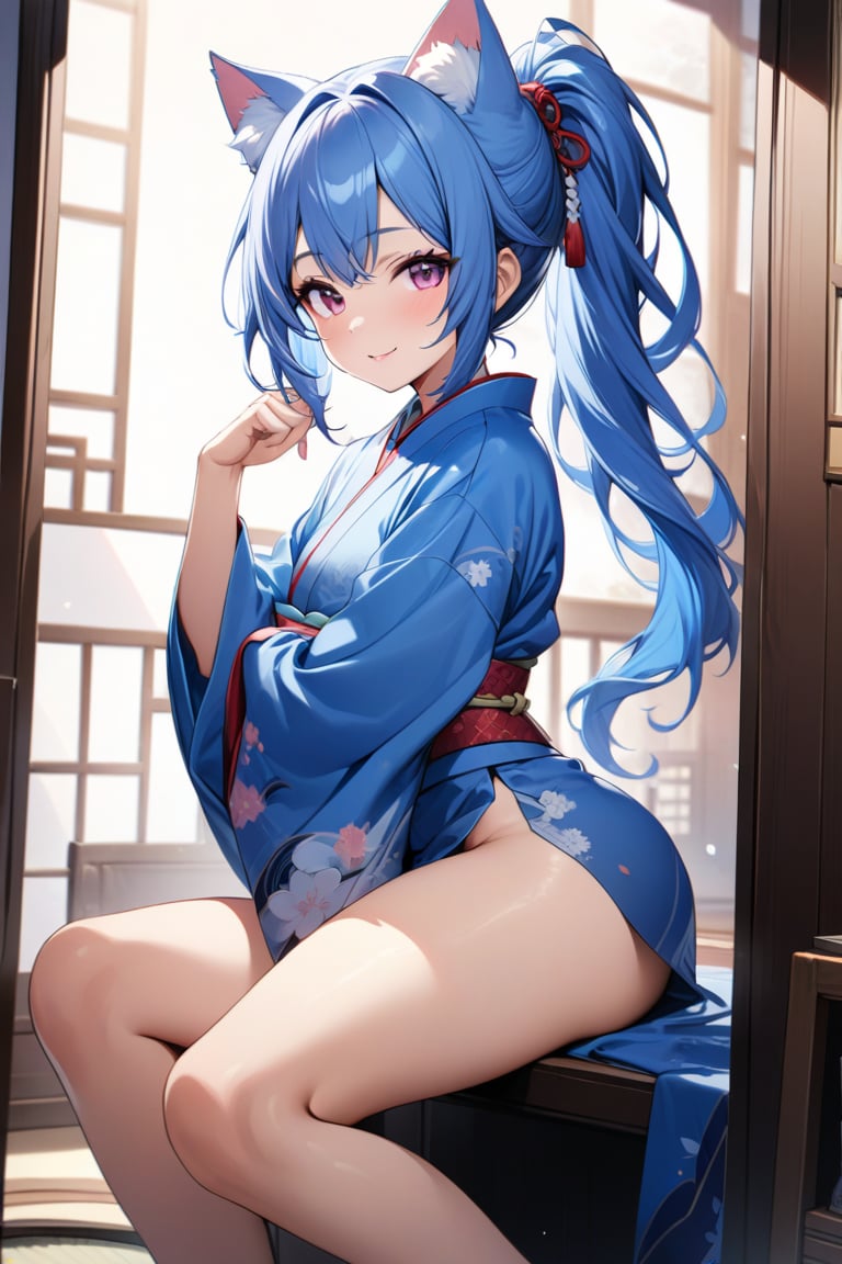 master piece, best quality, highly detailed, ultra detailed, extremely CG unity 8k wallpaper,
1 woman, 20 years old, cat ears, pink eyes, blue hair, long hair, ponytail, smile,
light blue japanese kimono, too short kimono, looking at viewer,indoor