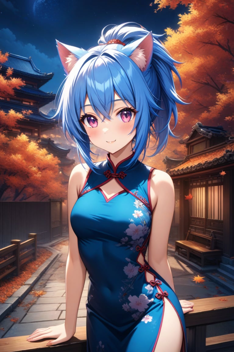 master piece, best quality, highly detailed, ultra detailed, more detail XL, extremely detailed CG unity 8k wallpaper, 
1 woman, 20 years old, cute, cat ears, pink eyes, blue hair, medium hair, ponytail, blue Chinese dresses, side slit dress, smile, night time, outdoor, autumn, 