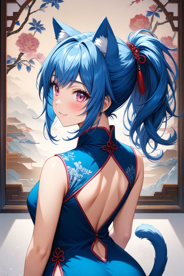 master piece, best quality, highly detailed, ultra detailed, more detail XL, extremely detailed CG unity 8k wallpaper, 
1 woman, 20 years old, cute, cat ears, pink eyes, blue hair, medium hair, ponytail, blue Chinese dresses, side slit dress, smile, cat tail, from behind, 