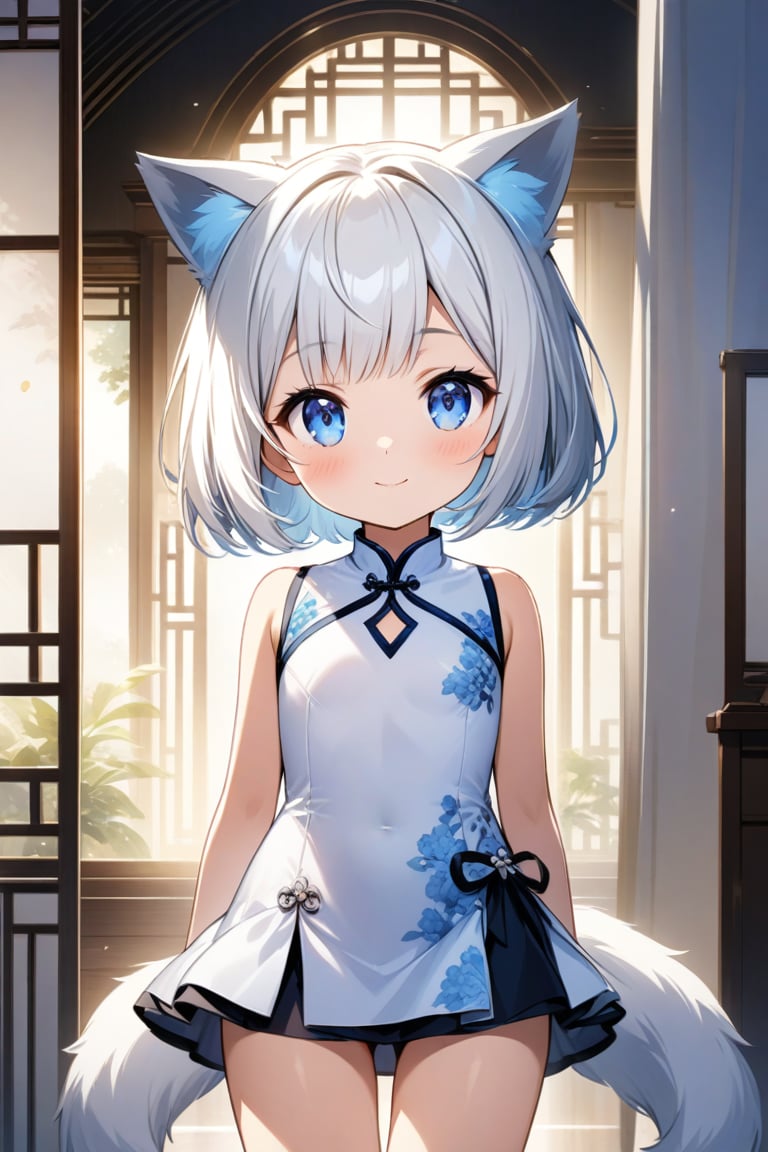 A majestic masterpiece of a CG unity 8K wallpaper. A stunning 9-year-old girl with vibrant white hair, a chic bob cut, and piercing blue eyes beams with a radiant smile directly at the viewer. Her slender physique is clad in a sleek white Chinese dress, showcasing a micro skirt that adds to her enchanting charm. Cat ears adorn her head, adding an endearing touch to this breathtaking scene. The framing of the shot highlights her captivating gaze, while the soft lighting accentuates her porcelain-like complexion and delicate features. The composition is deliberately crafted to draw the viewer's attention to her mesmerizing presence.