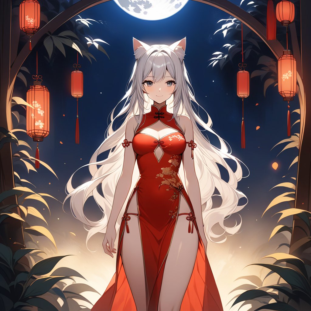 A masterpiece of a 22-year-old woman, donning a stunning red Chinese dress and adorning cat ears. Her black, long hair flows gently in the night breeze as she gazes up at the Mid-Autumn Harvest Moon, her smile radiant under the soft, lunar glow. The pelvic curtain subtly frames her figure, adding to the overall sense of elegance. The composition is balanced, with the woman centered against a dark blue sky and surrounded by lush foliage, creating an intimate atmosphere.