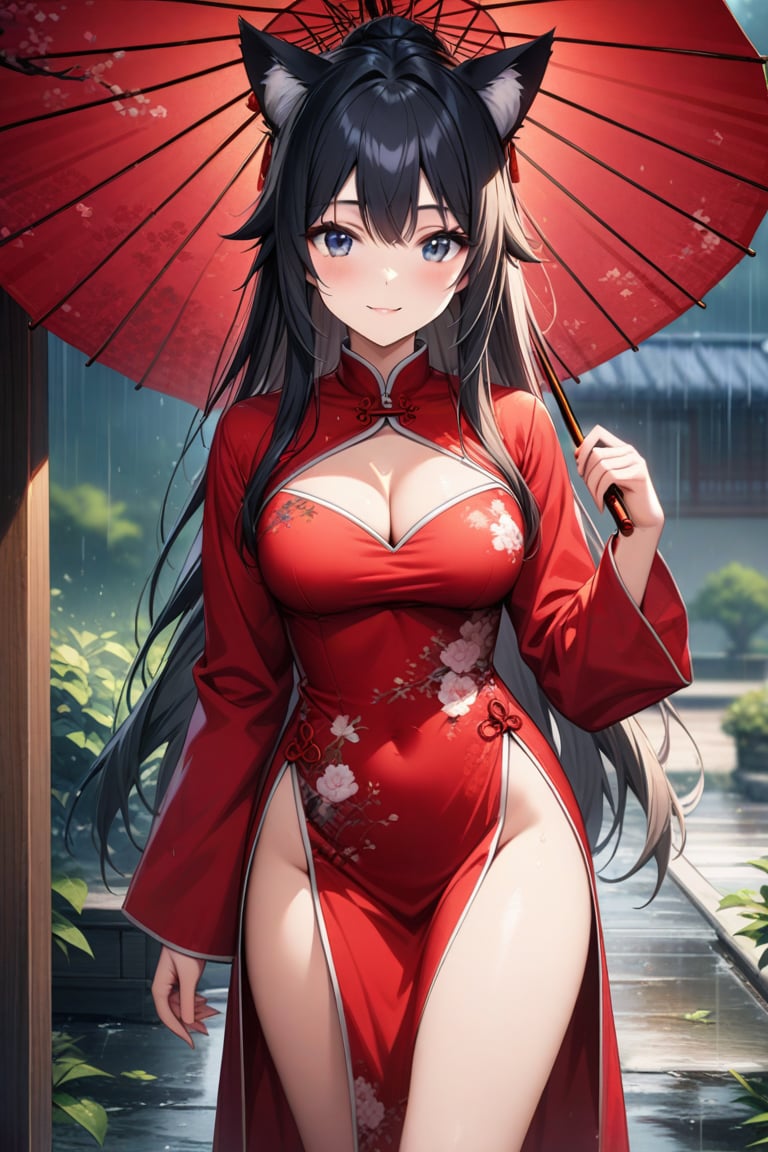 master piece, best quality, highly detailed, ultra detailed, extremely CG unity 8k wallpaper,1 woman, 22 years old, smile, cat ears, red Chinese dresses, pelvic curtain, long sleeves,black hair, long hair, cleavage cutout, rainy day,oriental_umbrella