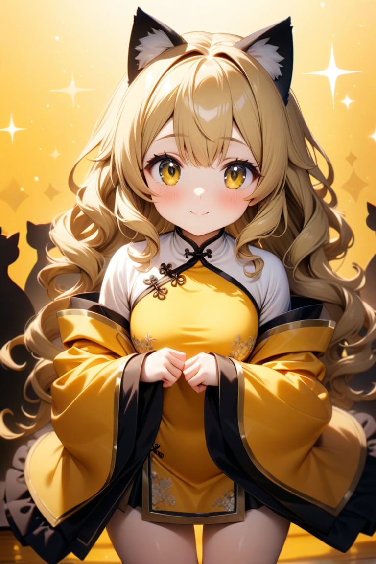 In a masterfully composed shot, a stunning 15-year-old loli stands out against a vibrant yellow backdrop, donning a intricately designed Chinese dress with wide sleeves that gently graze her wrists. Her blonde wavy hair is styled in a short, chic cut, and her big eyes sparkle like bright suns behind cat ears. A microskirt hugs her petite figure, showcasing her impressive bust. As she smiles warmly, the camera captures every detail of this ultra-detailed 8K masterpiece, from the delicate folds of her dress to the subtle curves of her face, all set against a stunning yellow hue that radiates warmth and energy.