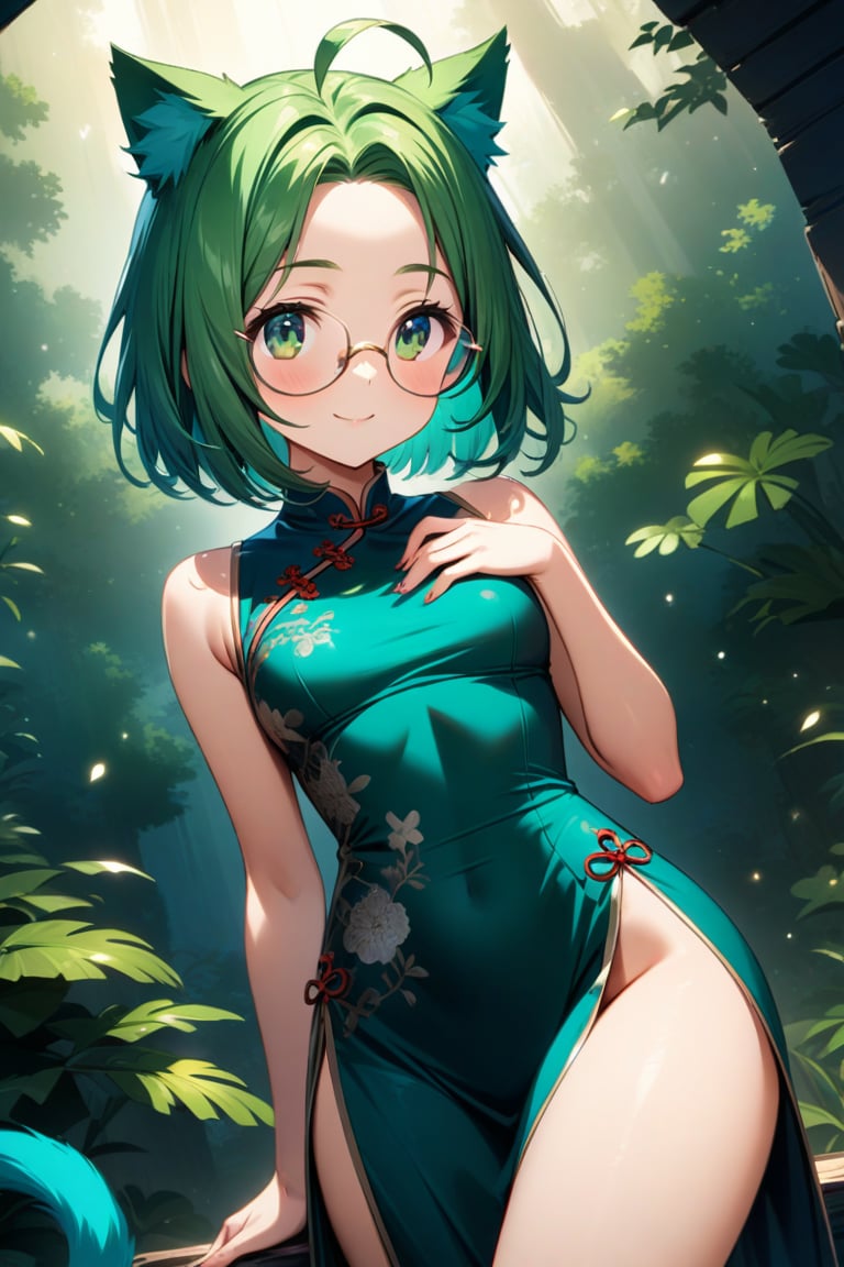 Vibrant 8K CG masterpiece: a mesmerizing shot of a 15-year-old girl with striking features. Her forehead and ahoge are set against a backdrop of lush green hair styled in a chic bob cut. Tareme and round glasses accentuate her curious expression. Cat ears sprout from her head, adding to the whimsy. Green eyes sparkle as she flashes a warm smile. She wears a stunning side-slit Chinese dress in emerald hues, the fabric flowing elegantly around her curvaceous figure.