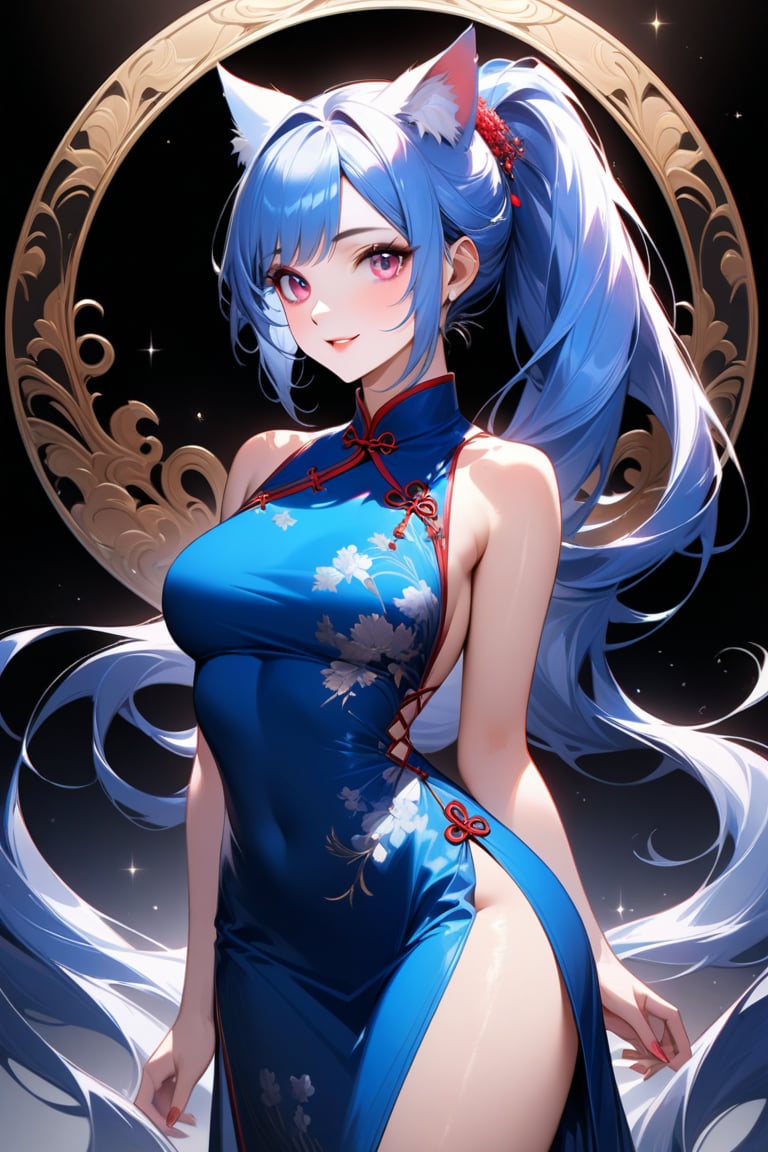 A majestic masterpiece of a digital painting, crafted with the finest details at an extraordinary scale. In the foreground, a stunning 20-year-old woman, exudes cuteness as she wears vibrant cat ears and sparkles with pink eyes. Her mesmerizing blue hair is styled in a sleek ponytail, framing her radiant smile. She dons a breathtaking side-slit blue Chinese dress, its intricate patterns and textures rendered with ultra-detailed precision. Against a clean black background, this 8K masterpiece radiates an otherworldly beauty, perfect for any discerning fan of high-quality digital art.